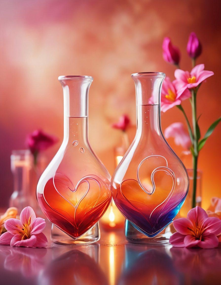 A romantic setting featuring intertwined hearts made of chemical elements, with soft glowing lines connecting them, symbolizing affection and sensuality. Surrounding the scene are colorful flowers and delicate glass flasks filled with vibrant liquids representing emotions. The background is a dreamy blend of warm hues to evoke passion and warmth. magical realism. vibrant colors. soft focus.