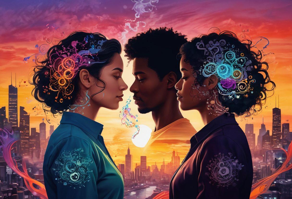 An artistic representation of two people locked in an intense gaze, surrounded by a swirl of colorful chemical symbols and elements that symbolize chemistry and attraction. In the background, silhouettes of a cityscape at sunset, portraying the journey from casual flirtation to deep commitment. The foreground highlights intertwined hands, illustrating connection and intimacy. Vibrant colors. romantic style. 3D effect.